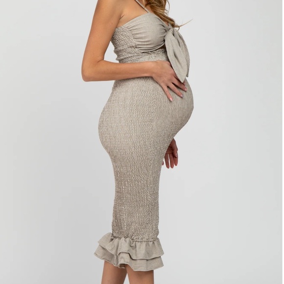 Pinkblush Mocha Gingham Print Smocked Fitted Self-Tie Maternity Midi Dress Small - Picture 3 of 13